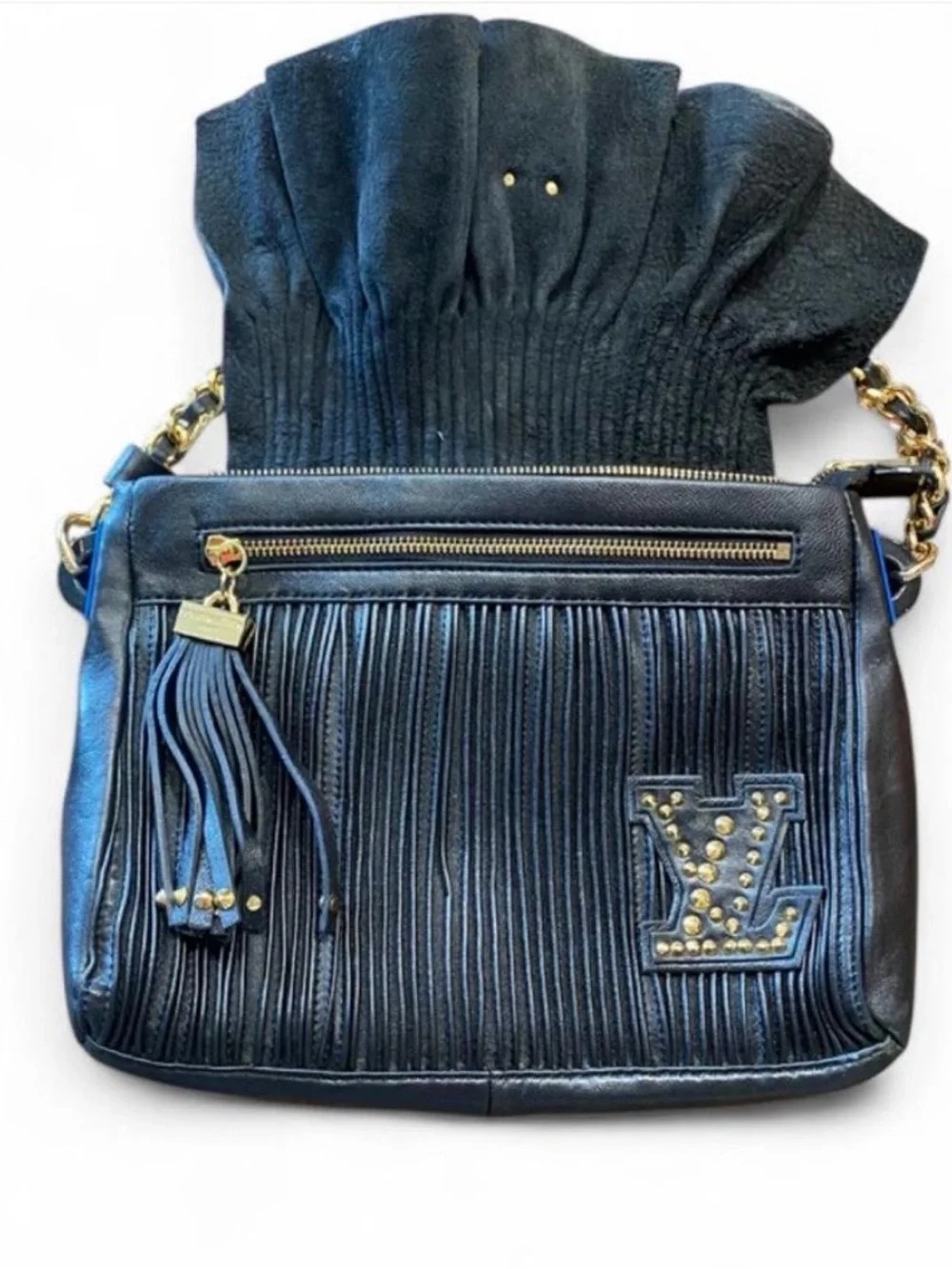 Louis Vuitton Designer Black Leather Shoulder Bag with Chain Strap